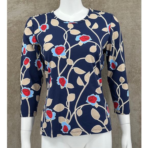 J McLaughlin Top Women Medium Navy Rose Floral Catalina Cloth Bold Summer Preppy - Picture 1 of 11